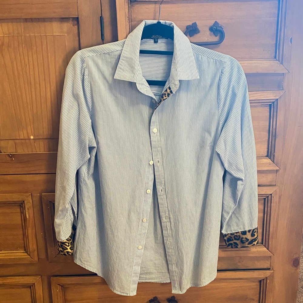 Women’s Blue Striped Shirt with Leopard Accents